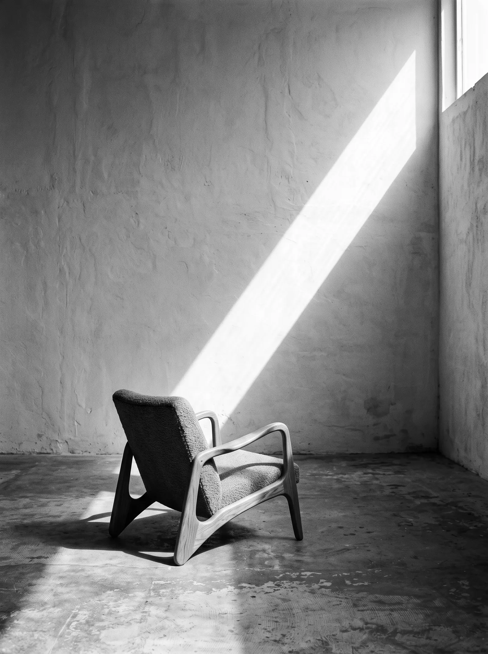 A single oak lounge chair in a band of sunlight