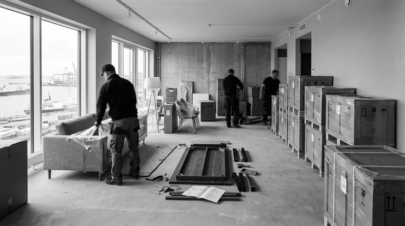 Installation team unpacking furniture in a new apartment