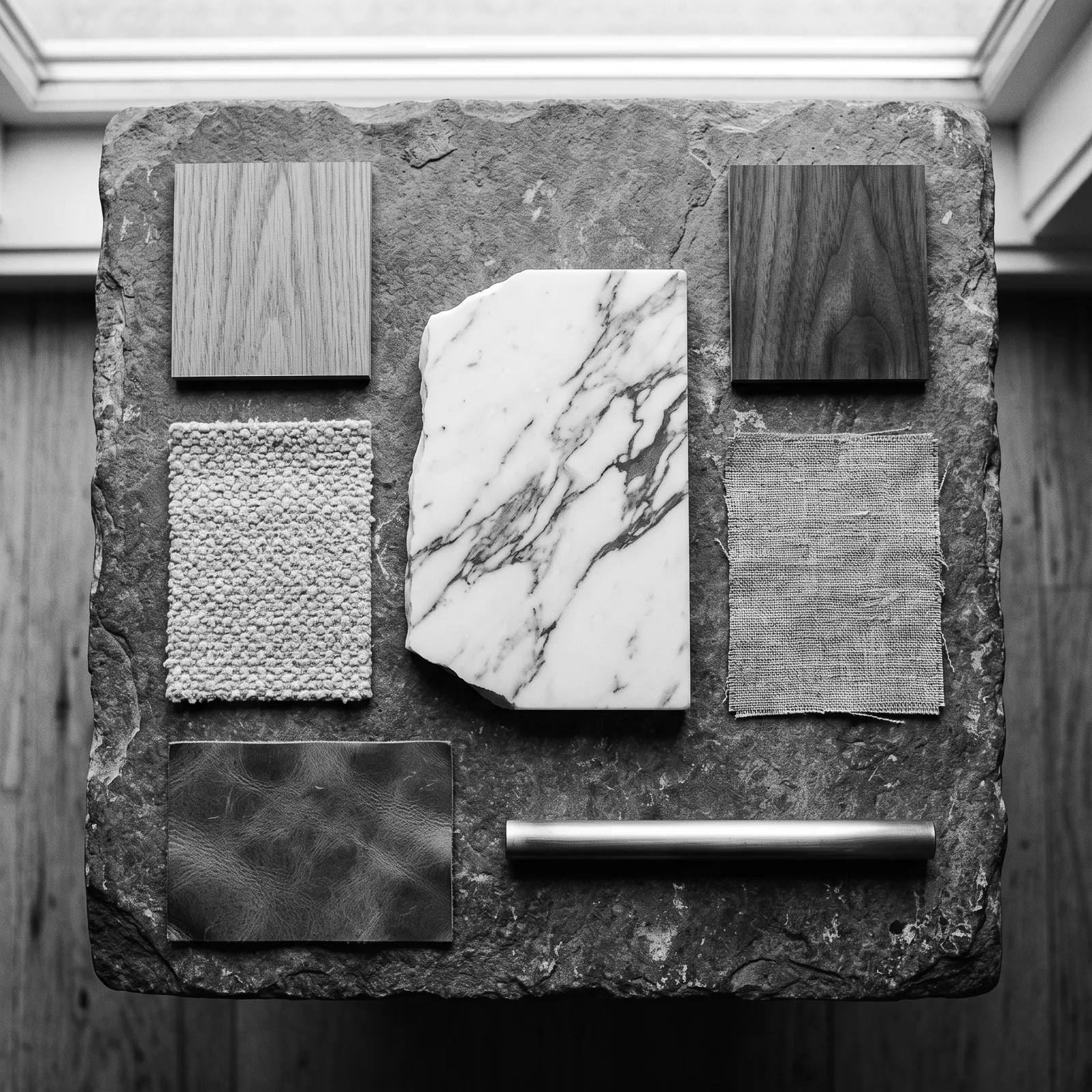 Marble, oak, walnut, fabric and brass material samples