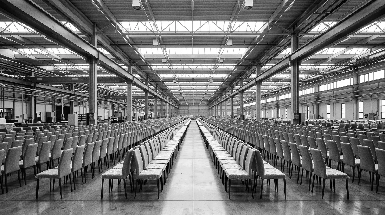 Rows of identical upholstered chairs on a factory floor