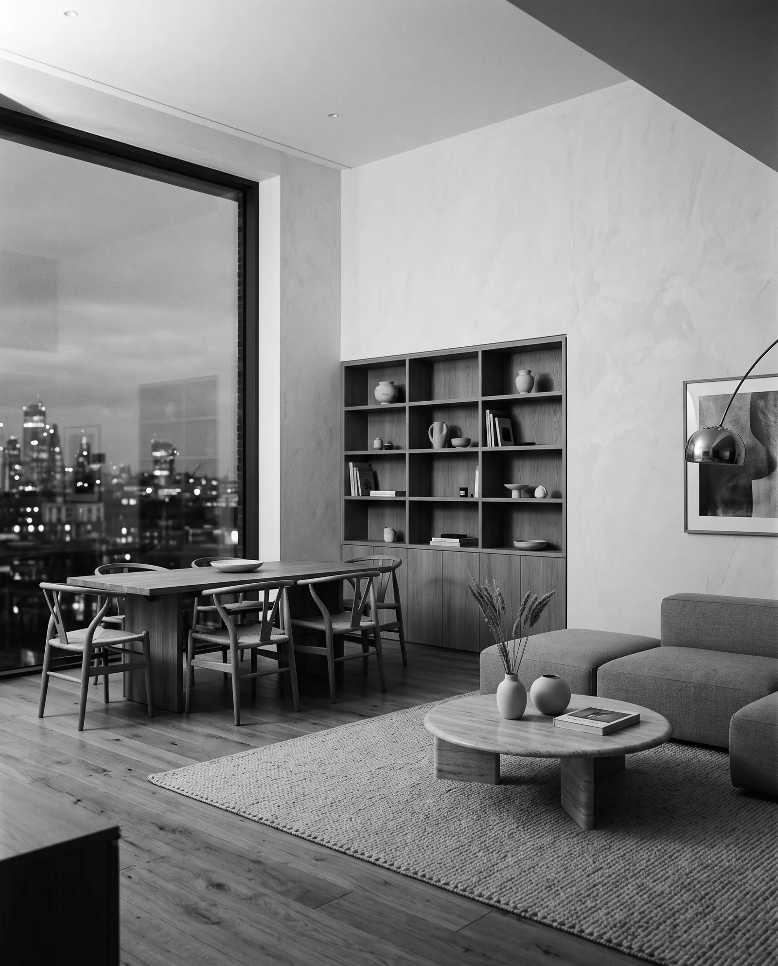 Apartment living and dining room furnished for a residential development