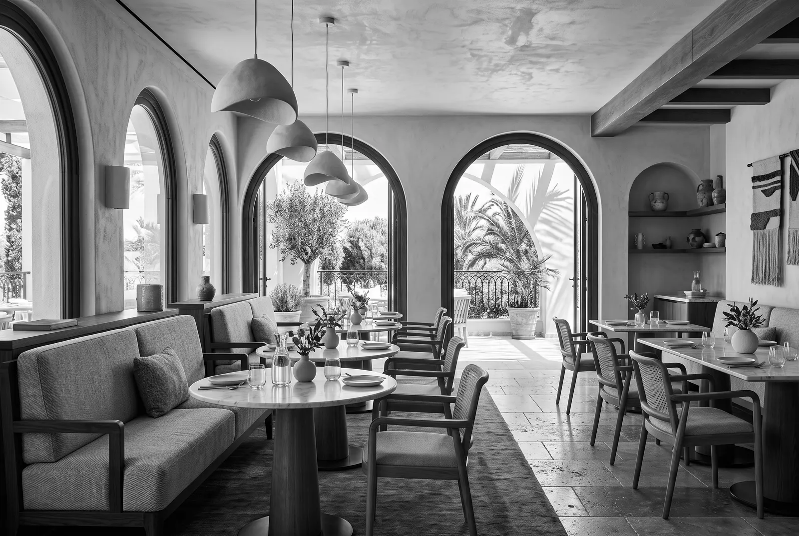 Resort restaurant with upholstered banquettes and marble tables