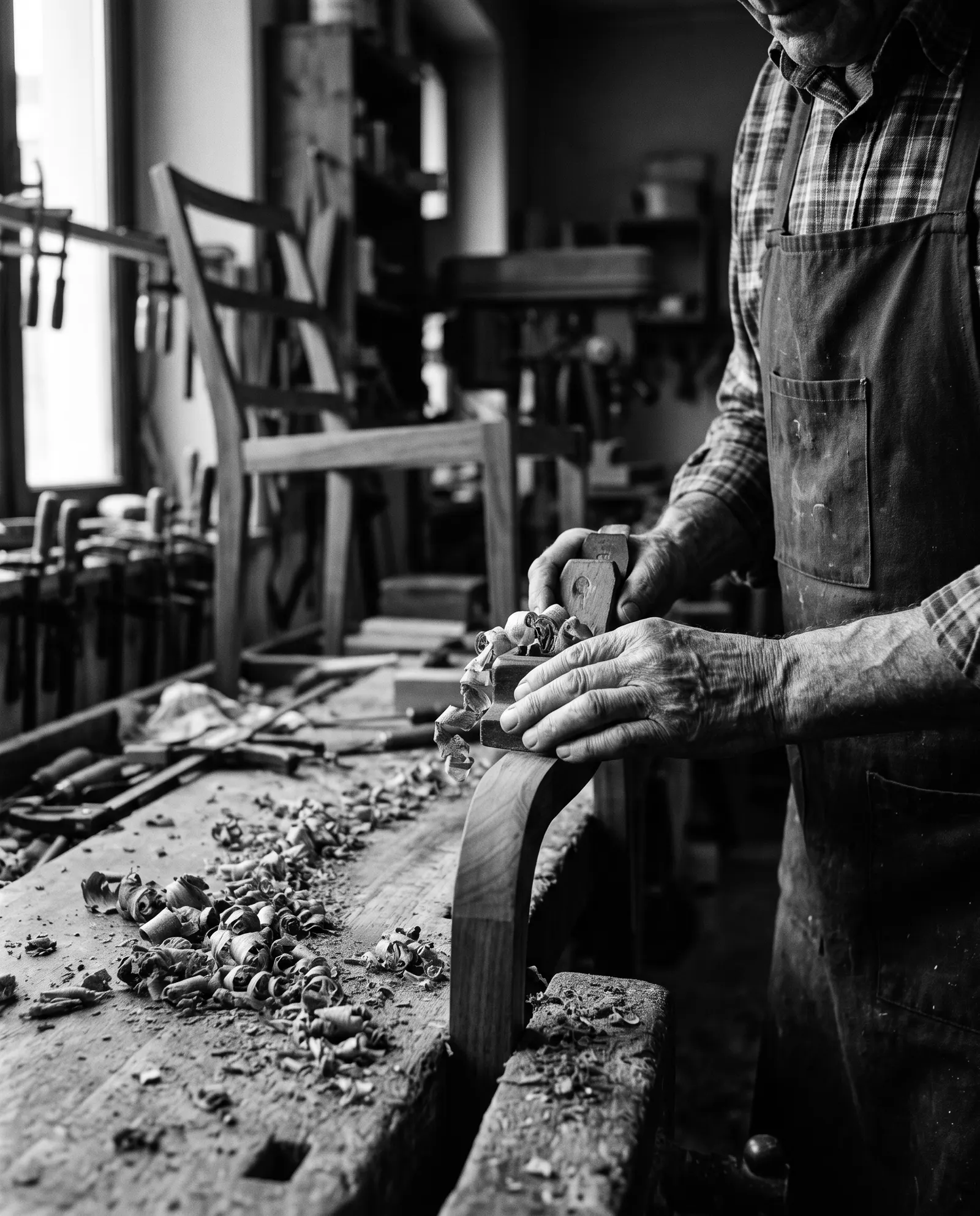 Craftsman shaping a walnut armrest with a hand plane